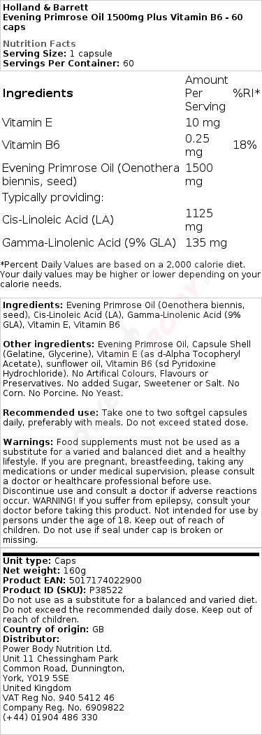 Evening Primrose Oil 1500mg Plus Vitamin B6 - 60 caps